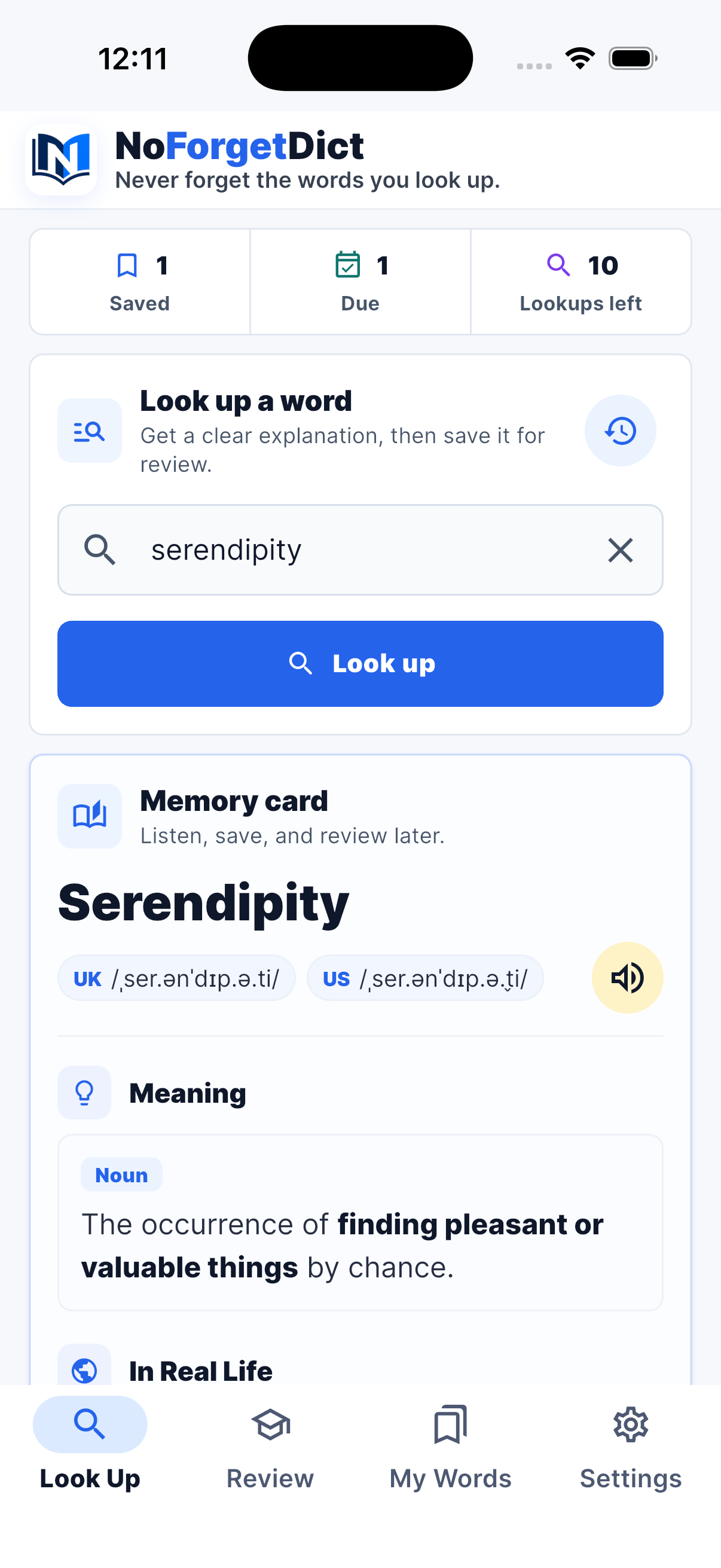 NoForgetDict showing a saved memory card for the English word serendipity