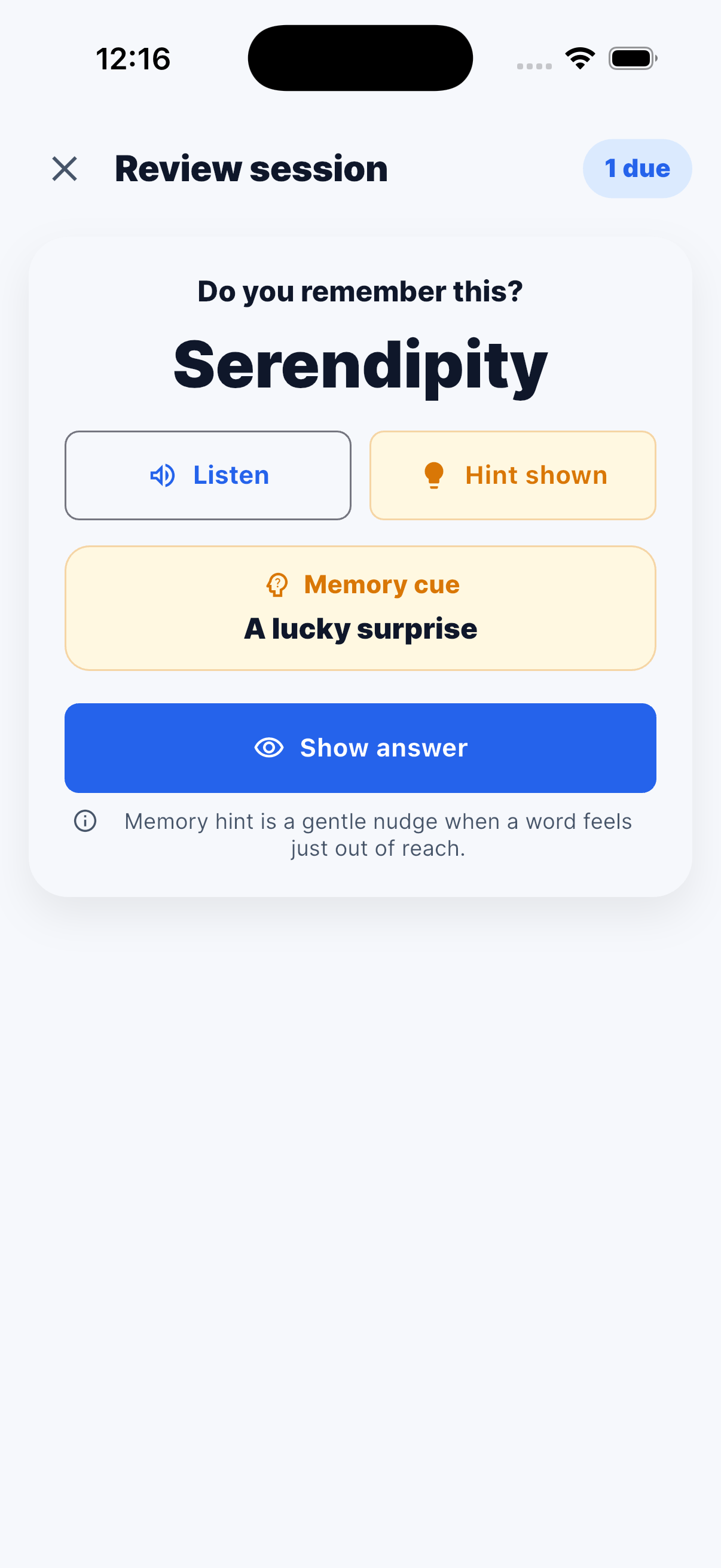 NoForgetDict review screen showing the memory cue A lucky surprise for serendipity